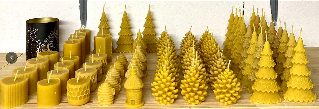 bougie cire abeille forme coeur, sapin, ruche