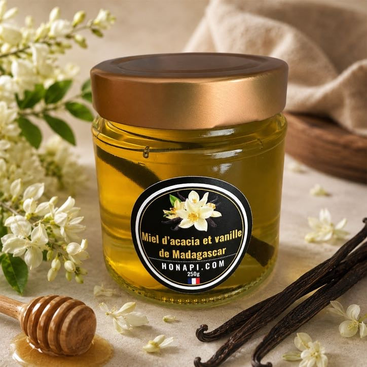 Pot de 250g de Miel d'Acacia et vanille de Madagascar Honapi